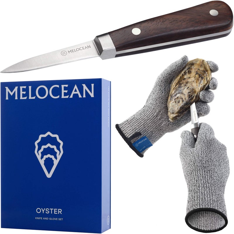 Melocean Oyster Shucking Knife and Gloves Set - Premium Oyster Knife and Shucking Gloves Kit - Professional Clam Shucker Opener Tool in Lovely Box - Bonus Ebook and Brochure Included - Image 1
